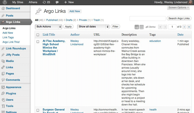 Screenshot showing the Argo Links area of the WordPress dashboard